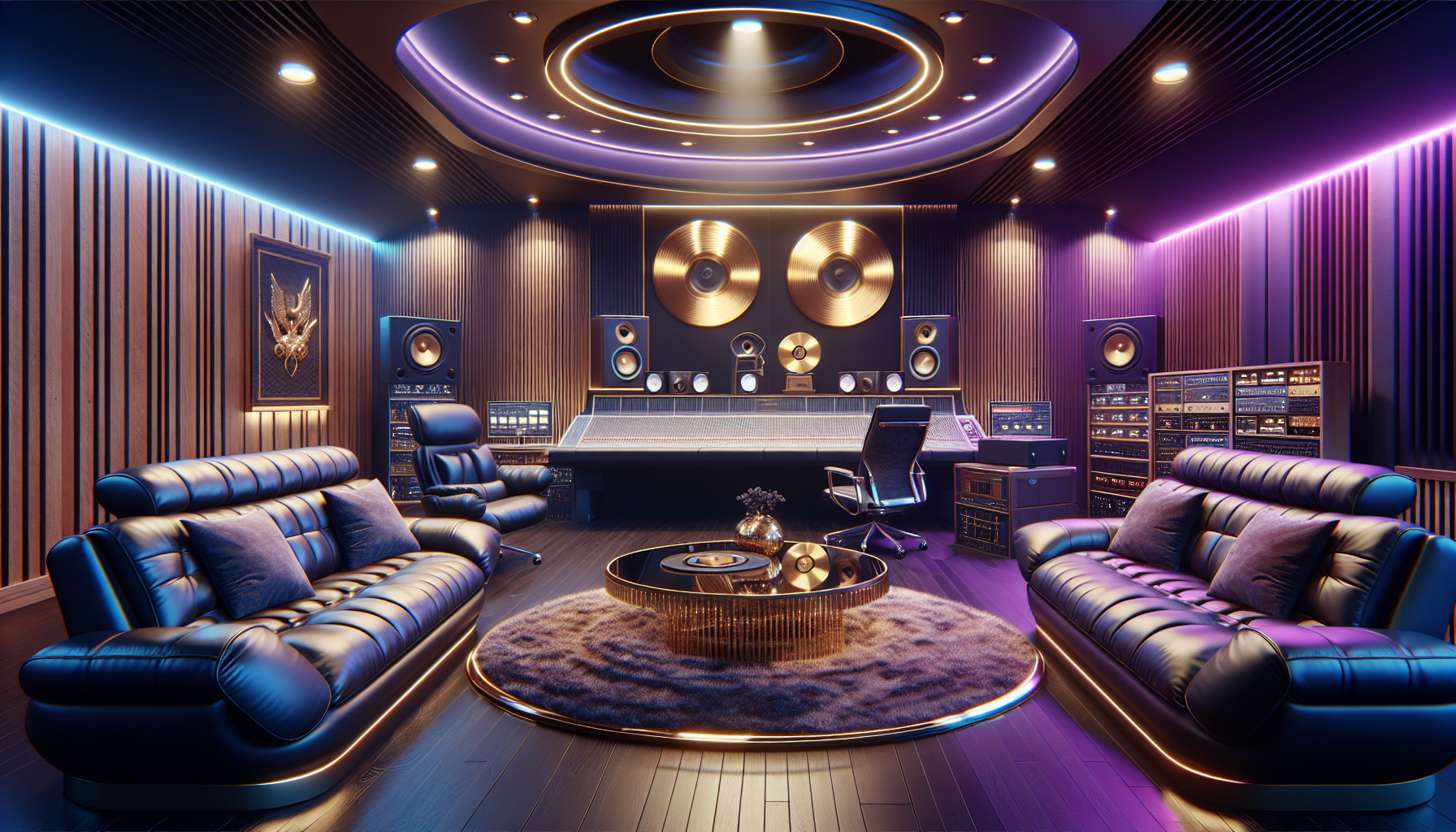 Guaynaa Net Worth Luxurious recording studio interior with gold records on walls representing successful music career