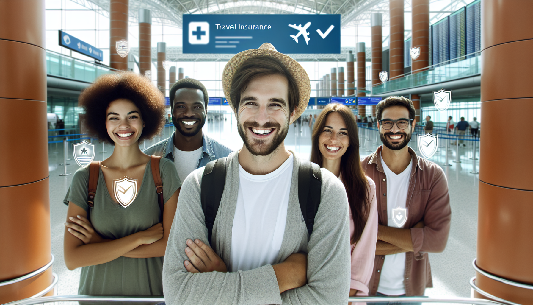 travel insurance for China Diverse group of happy travelers at Beijing airport arrivals with subtle insurance shield icons
