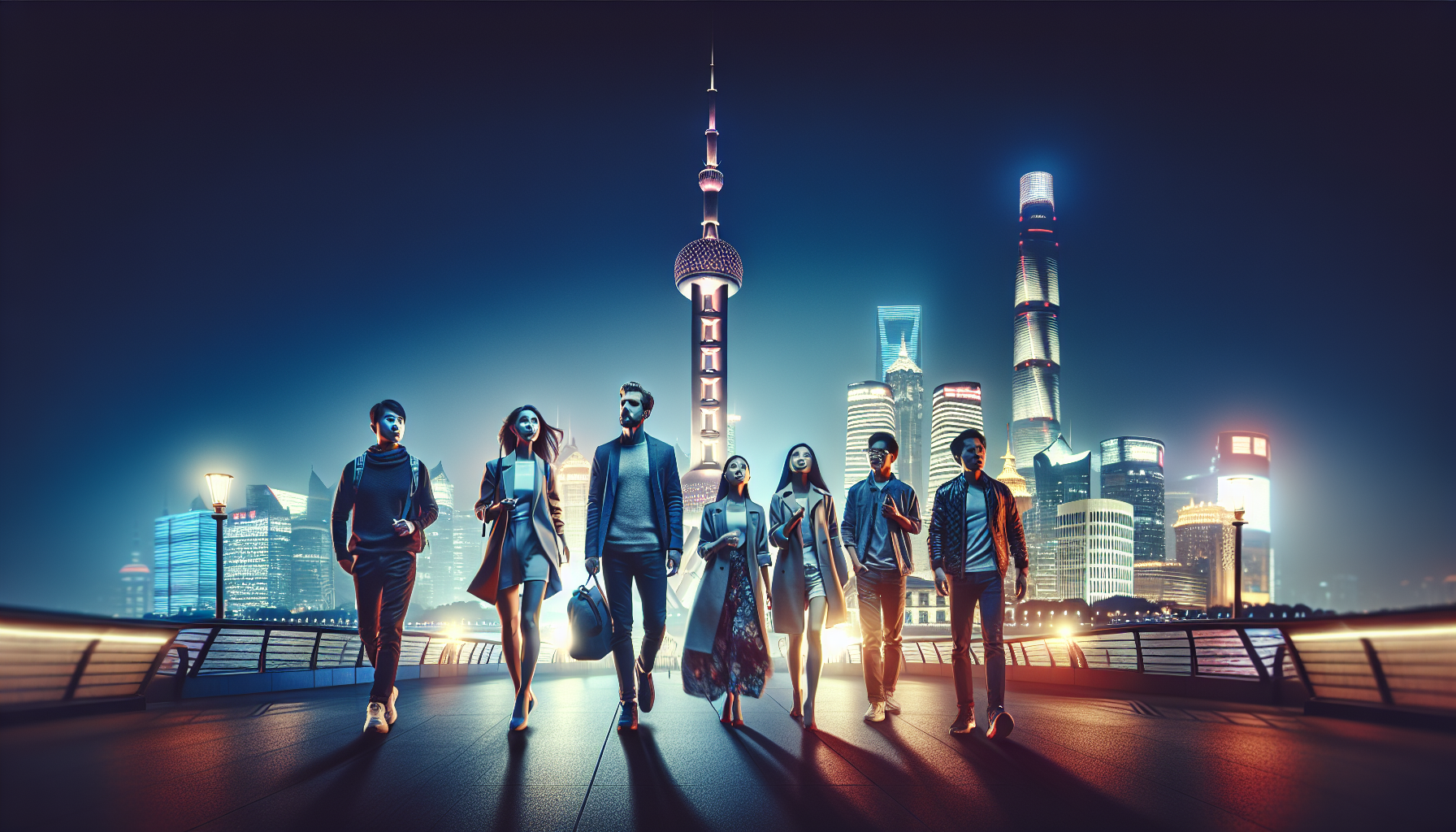 travel insurance for China Tourists safely exploring Shanghai's modern skyline at night
